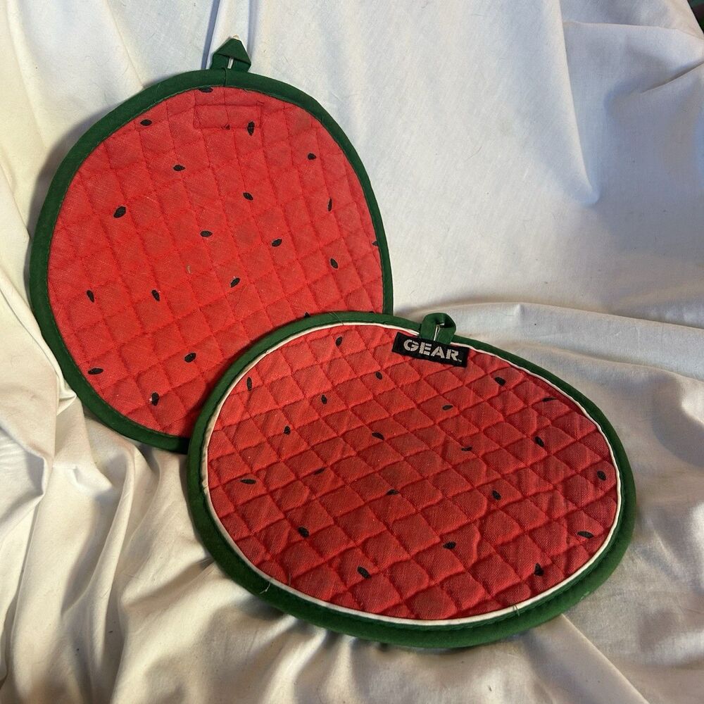 2 Vintage Cotton Watermelon GEAR Brand Potholder Trivet 1980s Large USA
